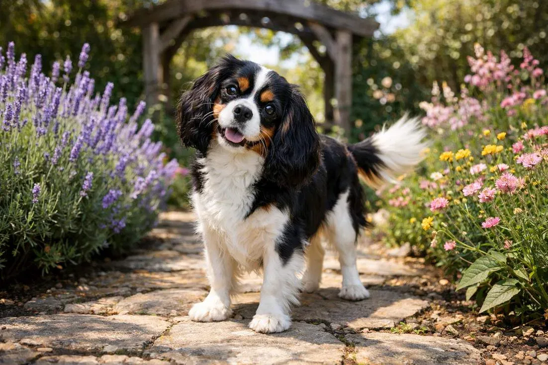 Tricolour Cavalier King Charles Spaniel Standing In Blooming Cottage