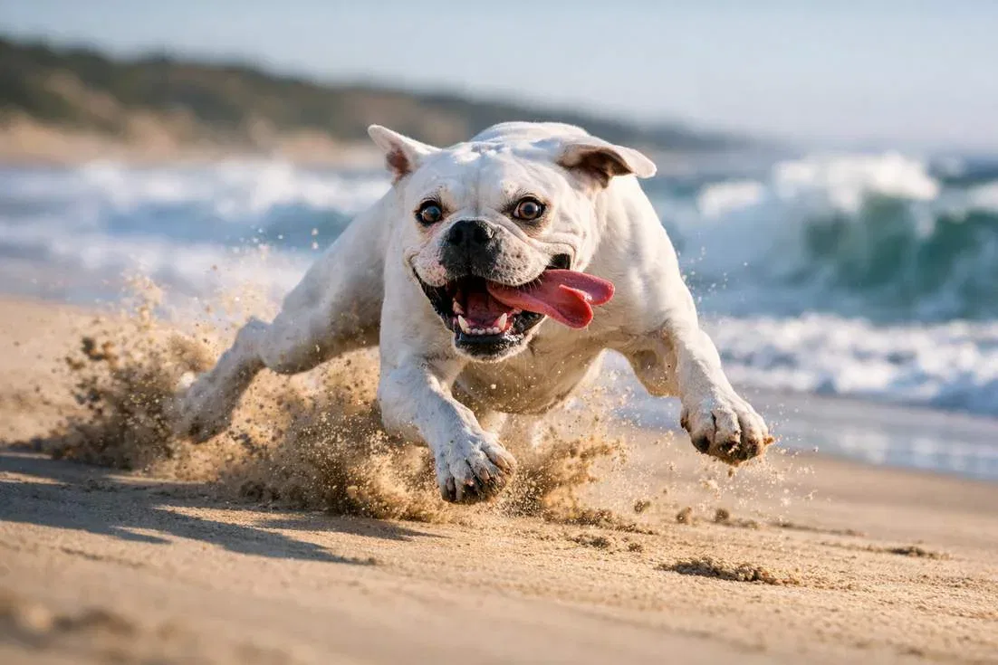 White Boxer Sprinting On Beach