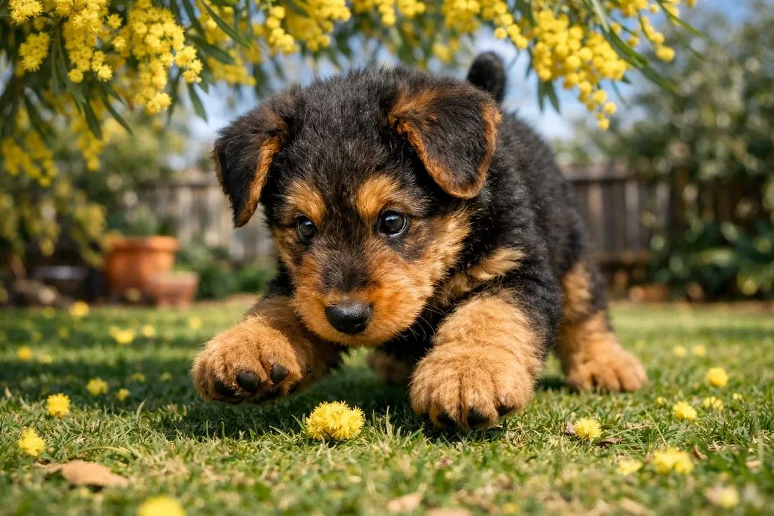 Young Airedale Terrier Puppy Pouncing On A Wattle Bloom In An Australian Backyard