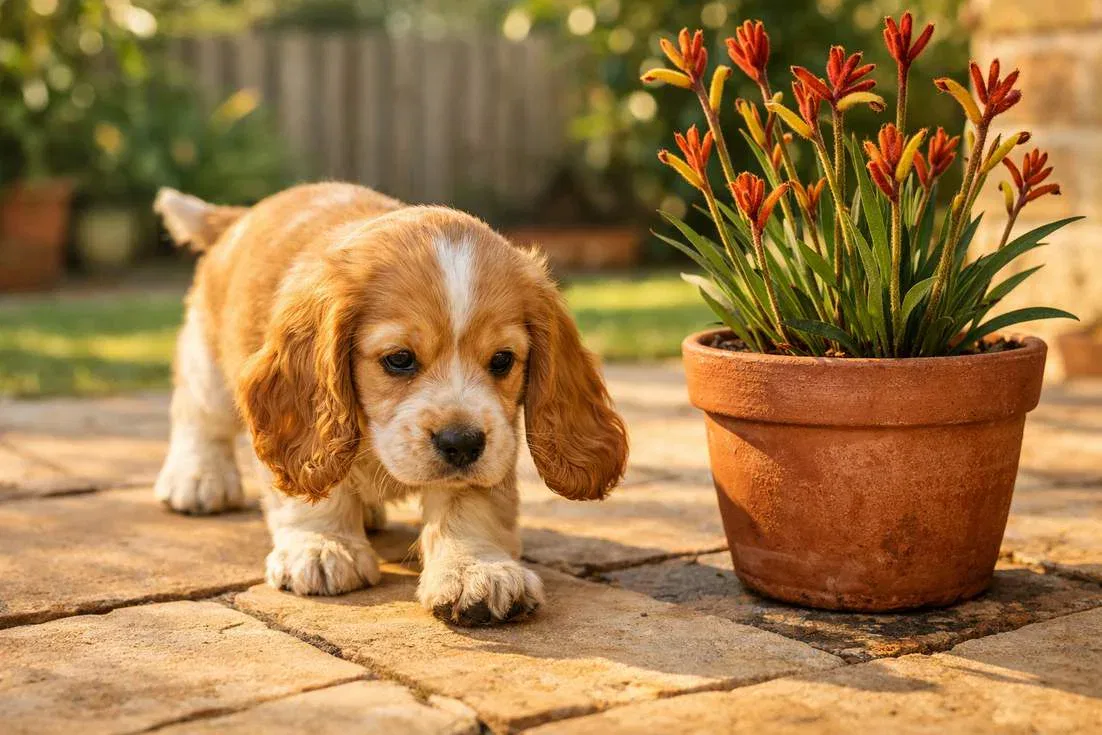 Young English Cocker Spaniel Puppy Exploring An Australian Backyard Patio