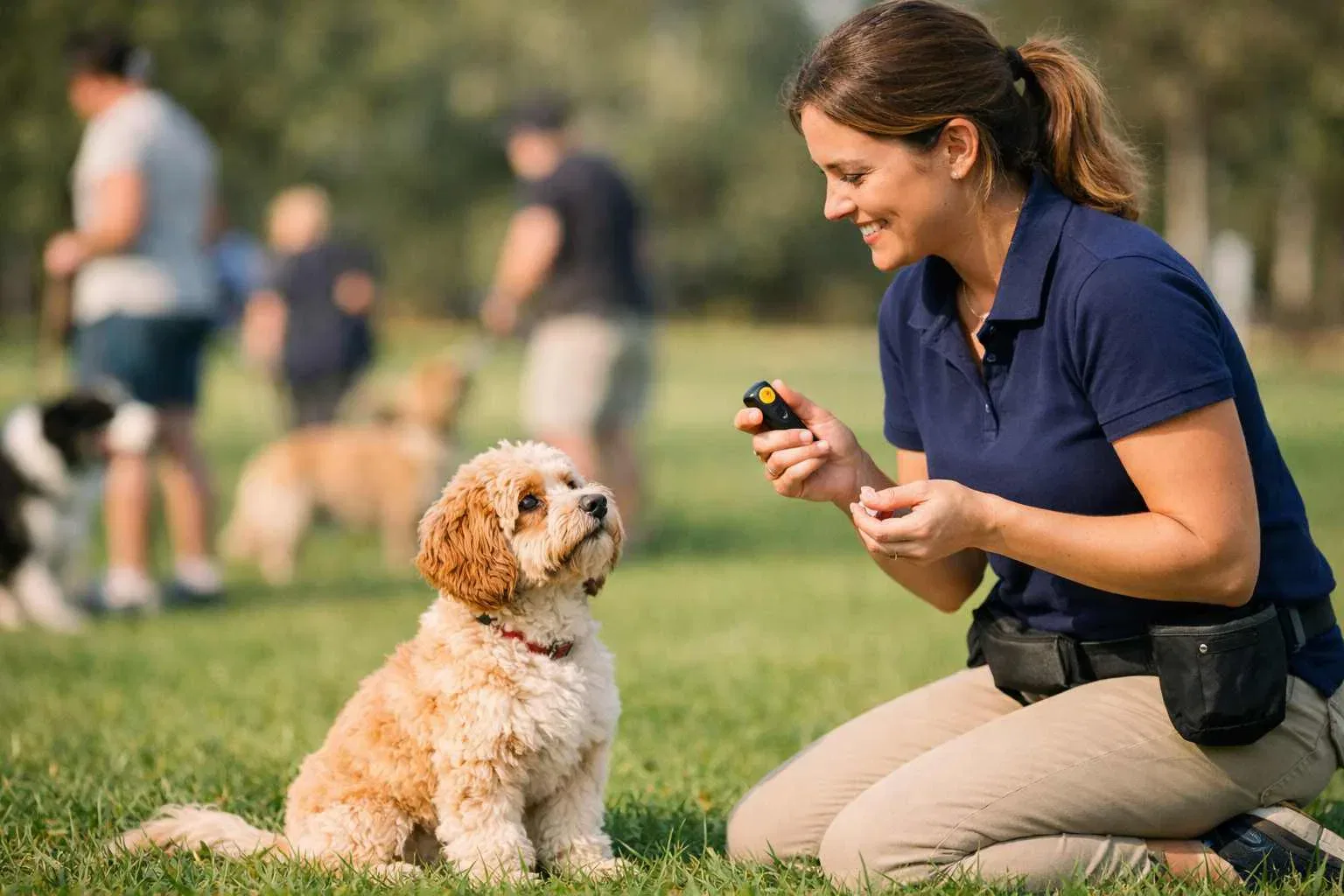 Dog training holding a clicker in one hand with  Cavoodle