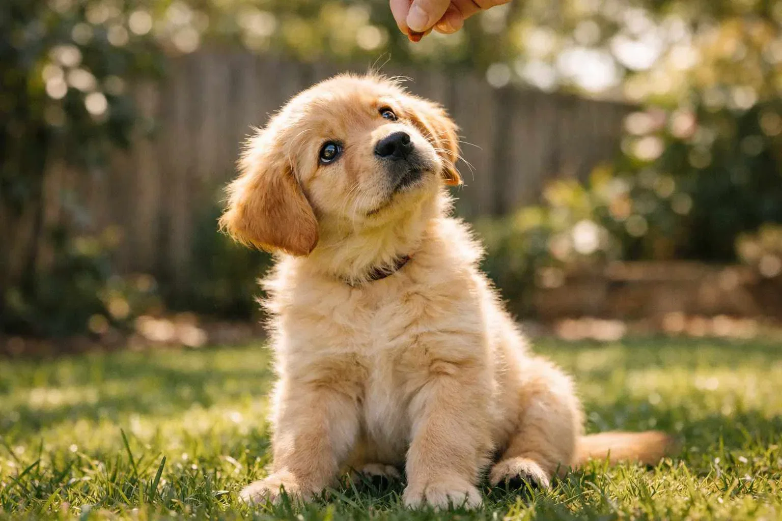 Golden Retriever puppy sitting on grass