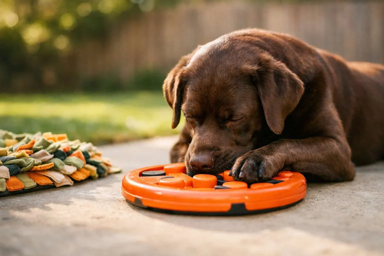 Labrador lying on a bright patio in an Australian backyard
