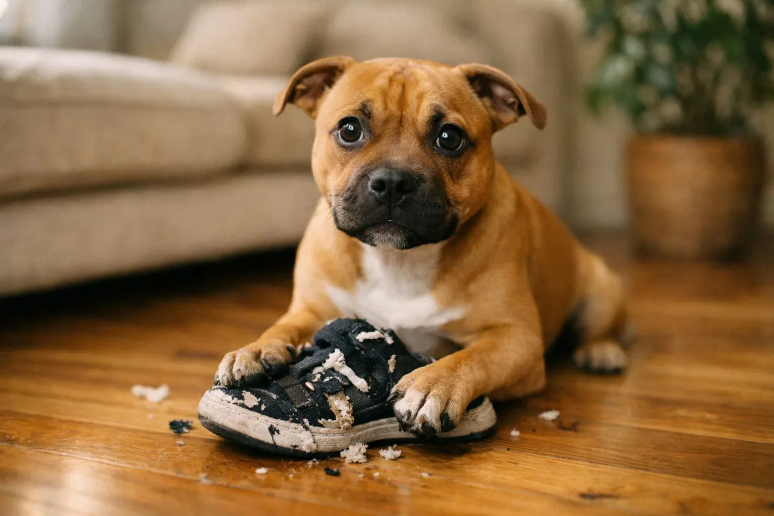 Staffordshire Bull Terrier sitting on a timber floor