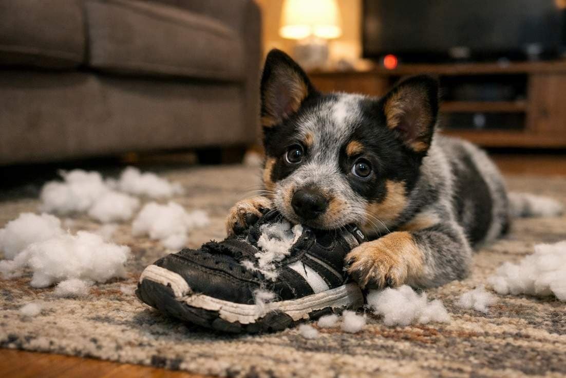 A Blue Heeler Puppy Chewing A Destroyed Sneaker Surrounded By Cushion Stuffing
