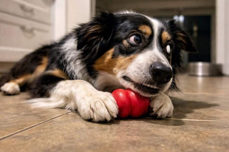 Resource Guarding in Dogs: Why It Happens and How to Stop It 1 A Tense Border Collie Mix Guarding A Toy On A Kitchen Floor