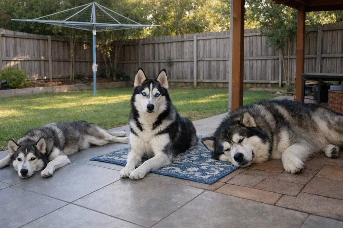 Alaskan Husky Siberian Husky And Alaskan Malamute At Backyard