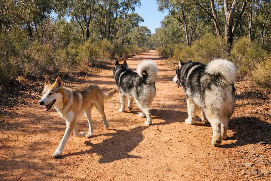 Alaskan Husky Siberian Husky And Alaskan Malamute Walking Outside