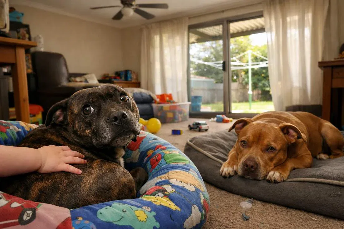 American Pit Bull And Staffordshire Bull Terrier In Dog Bed