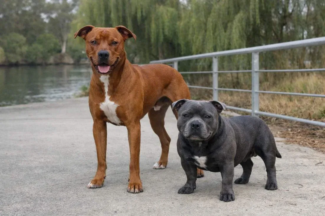 American Pit Bull Standing With Staffordshire Bull Terrier