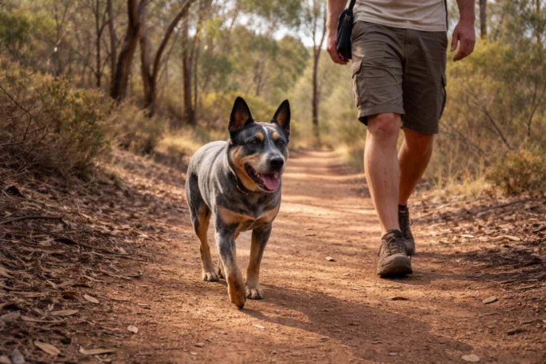 Australian Cattle Dog Walking Off Leash On A Bush Trail Beside Its Owner