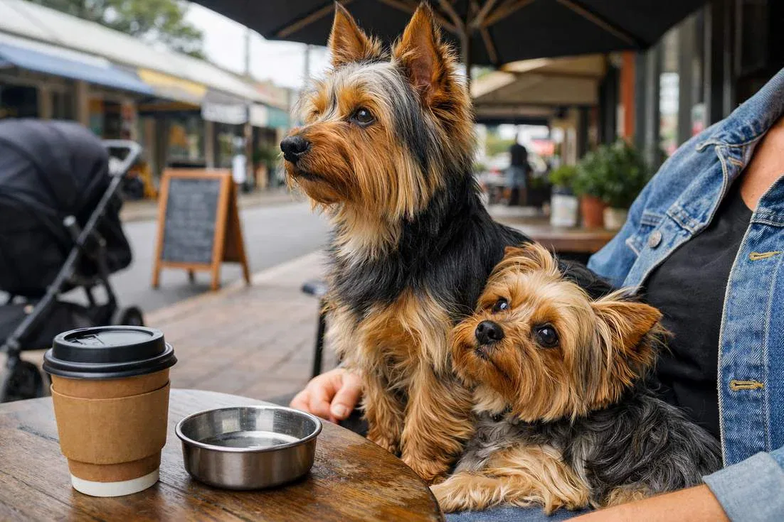 Australian Silky Terrier Vs Yorkshire Terrier At Cafe With Owner