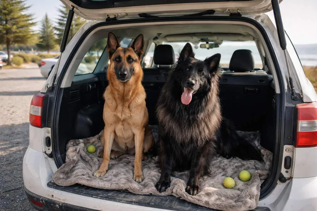 Belgian Malinois And Belgian Shepherd In Car Boot