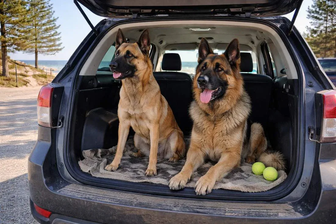Belgian Malinois With German Shepherd In Car Boot