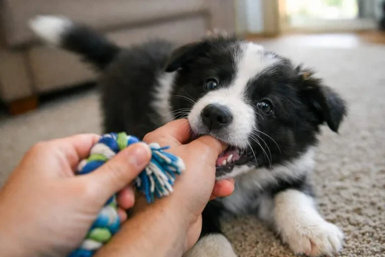 Border Collie Puppy Mouthing A Persons Hand While Being Offered A Rope Toy