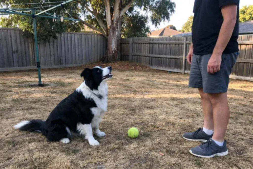 Border Collie Resisting A Tennis Ball At Backyard During Training