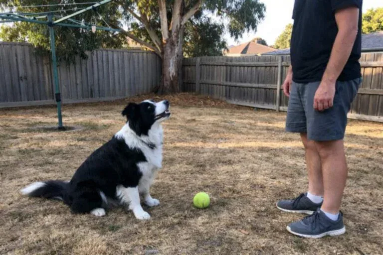 Border Collie Resisting A Tennis Ball At Backyard During Training