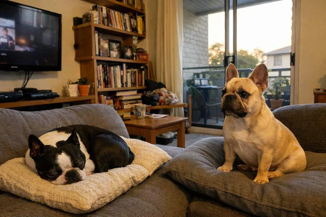 Boston Terrier And French Bulldog In Dog Bed