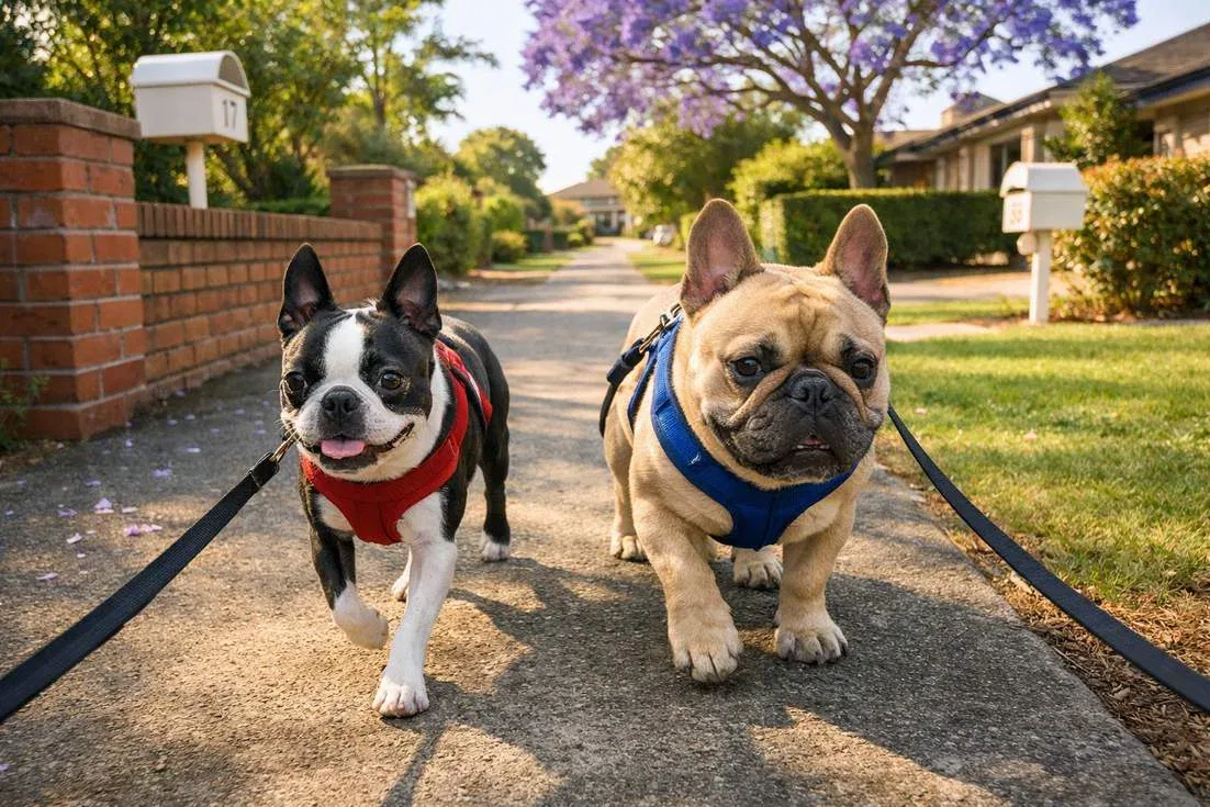Boston Terrier And French Bulldog Walking