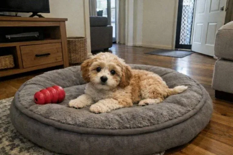 Cavoodle Puppy Lying Calmly Alone On A Dog Bed With A Kong Toy