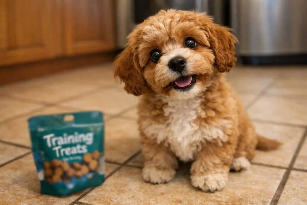 Home 2 Cavoodle Puppy Sitting On A Kitchen Floor Next To A Bag Of Treats