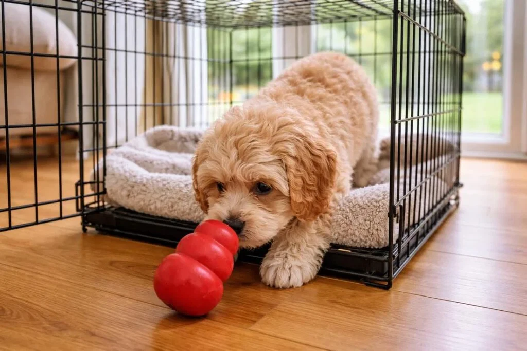 Home 1 Cavoodle Puppy Sniffing A Toy Inside An Open Wire Crate On Timber Floors