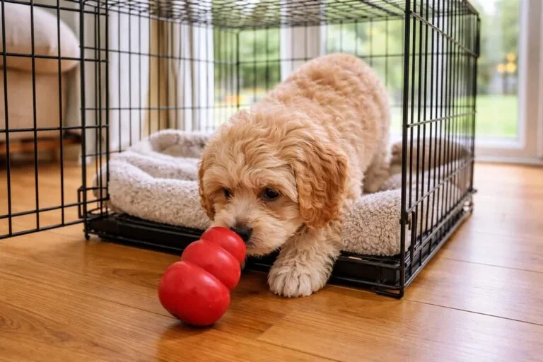 Cavoodle Puppy Sniffing A Toy Inside An Open Wire Crate On Timber Floors