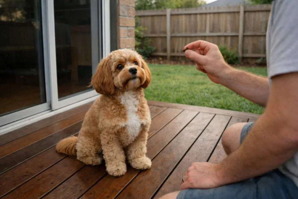 Cavoodle Sitting At Backyard Deck During Basic Command Training