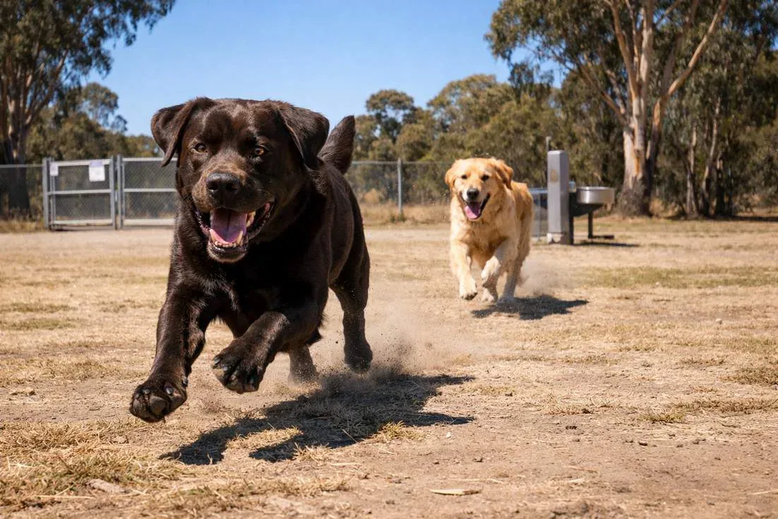 Chocolate Lab And Golden Retriever Running