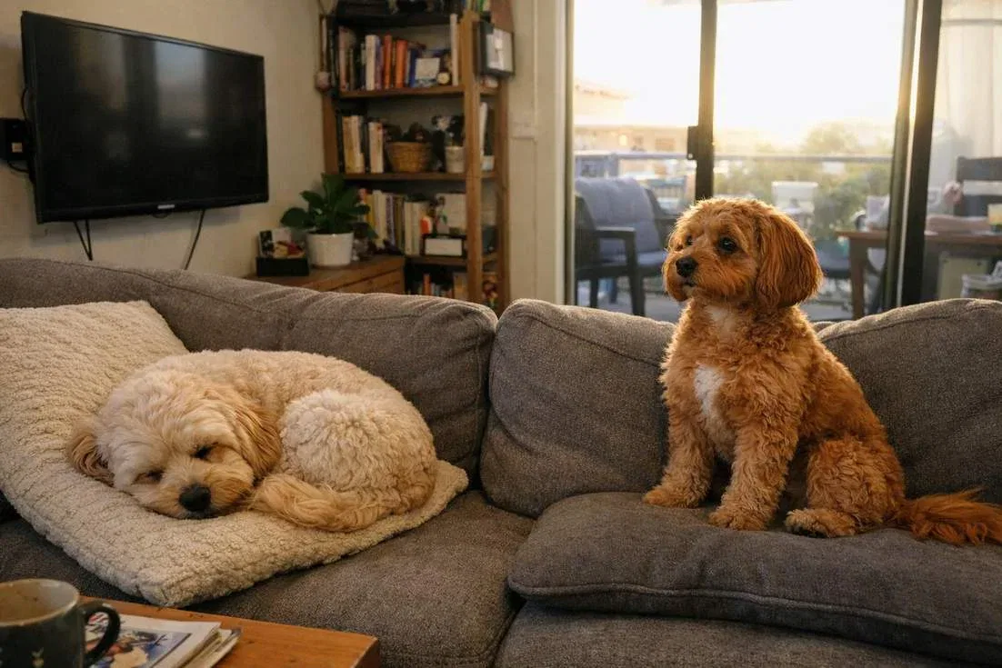 Cockapoo And Cavoodle On Sofa