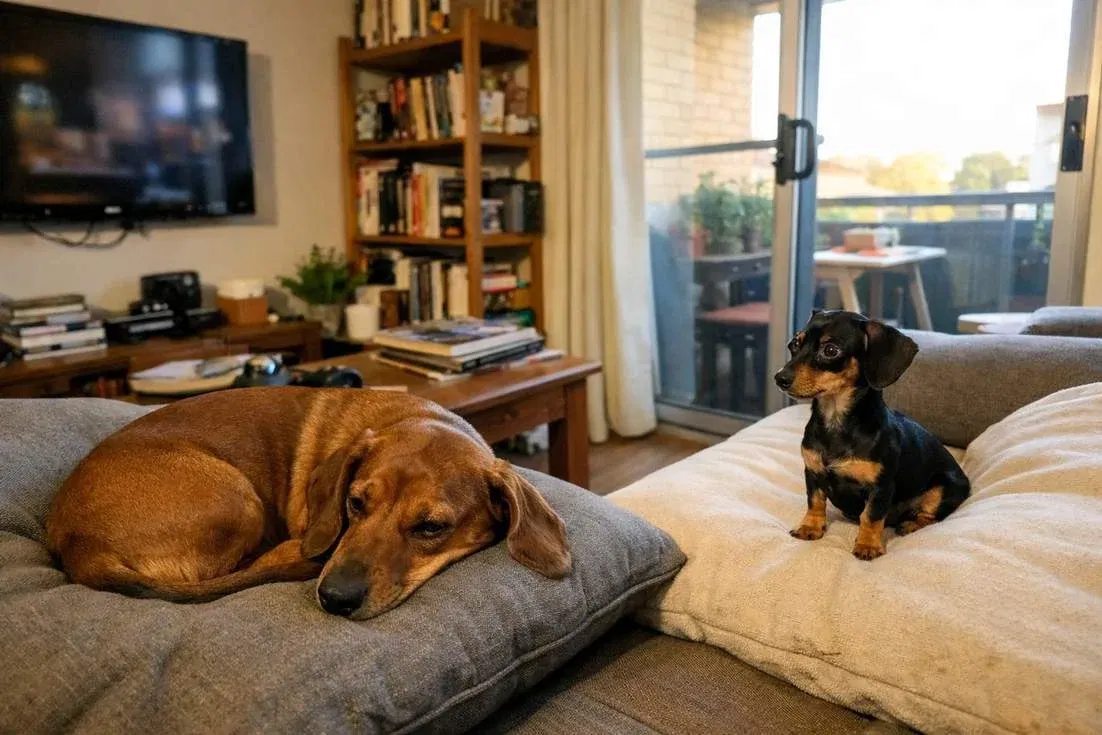 dachshund-and-miniature-dachshund-on-sofa Dachshund And Miniature Dachshund On Sofa