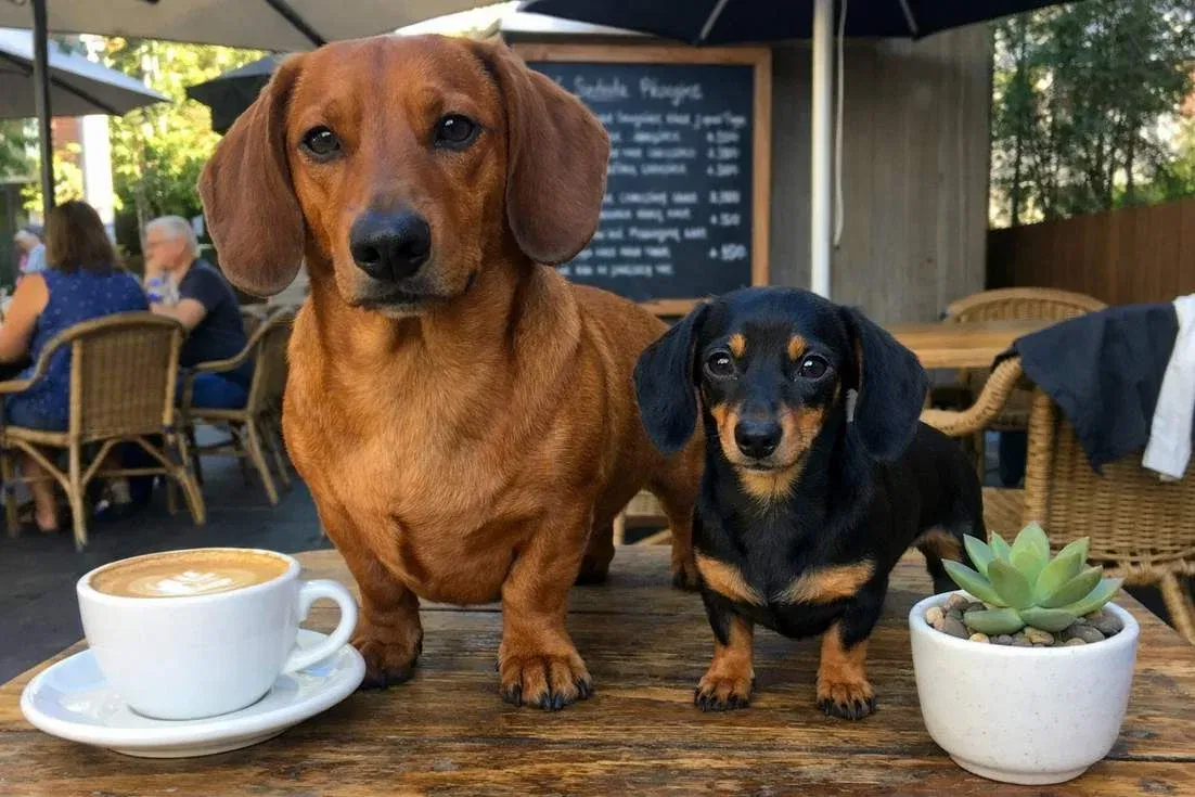 dachshund-and-miniature-dachshund-on-table Dachshund And Miniature Dachshund On Table