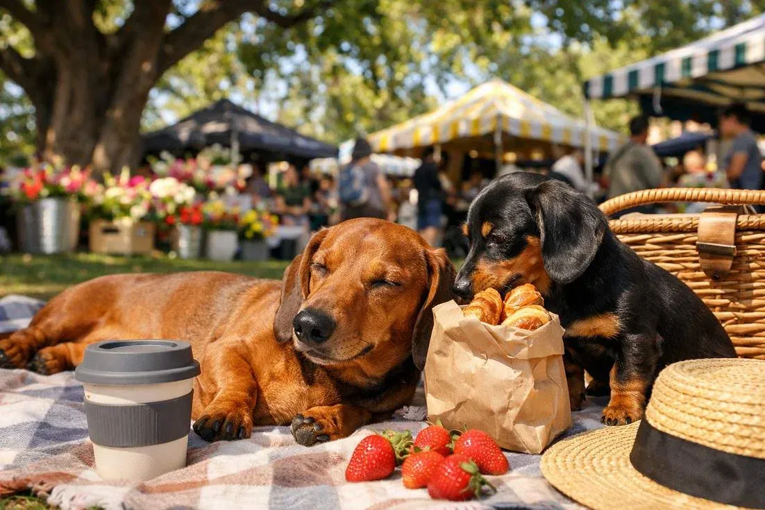 dachshund-with-miniature-dachshund-at-park Dachshund With Miniature Dachshund At Park