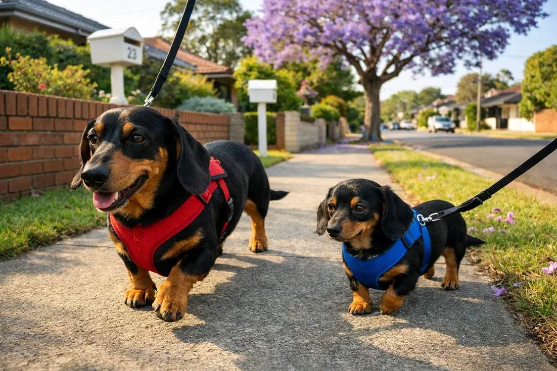 dachshund-with-miniature-dachshund-walking Dachshund With Miniature Dachshund Walking