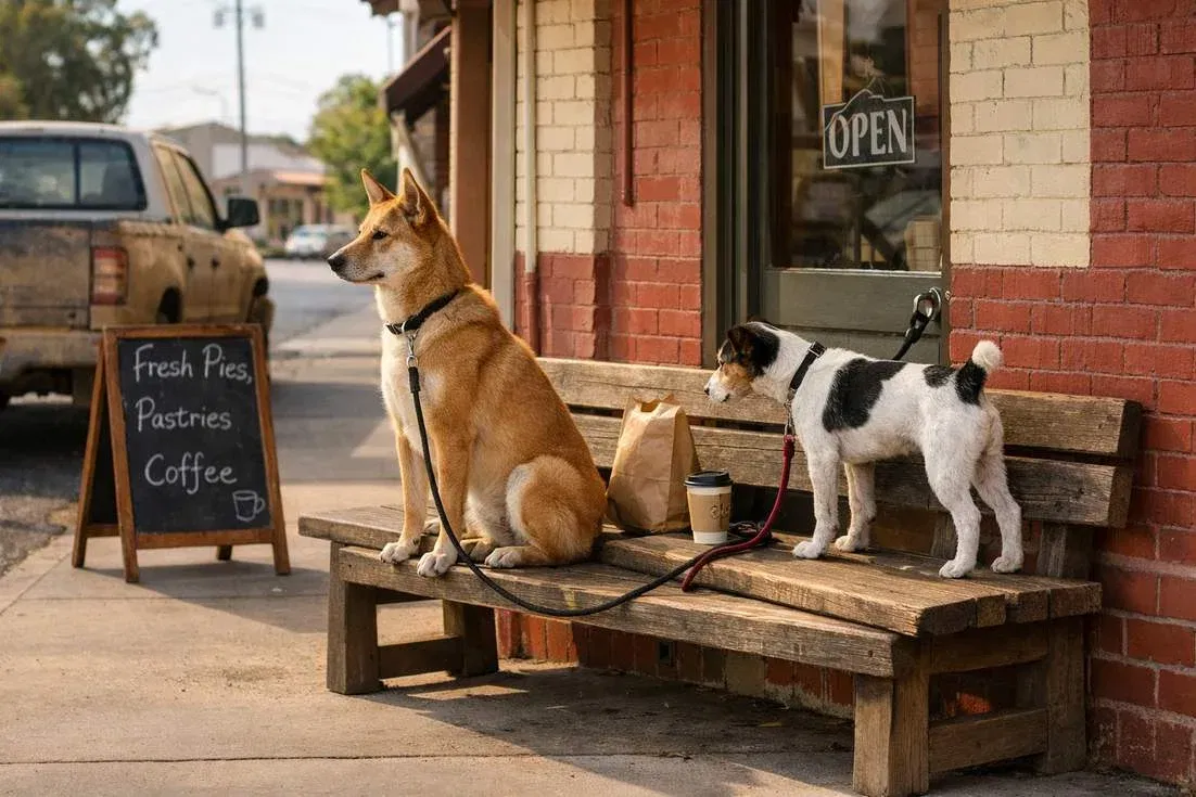 dingo-with-fox-terrier-outside-of-cafe Dingo With Fox Terrier Outside Of Cafe