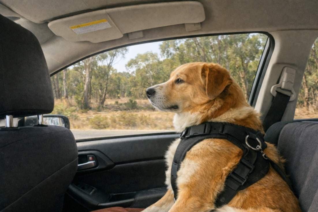 Dog Secured In A Car Harness Looking Out At Bush During A Road Trip