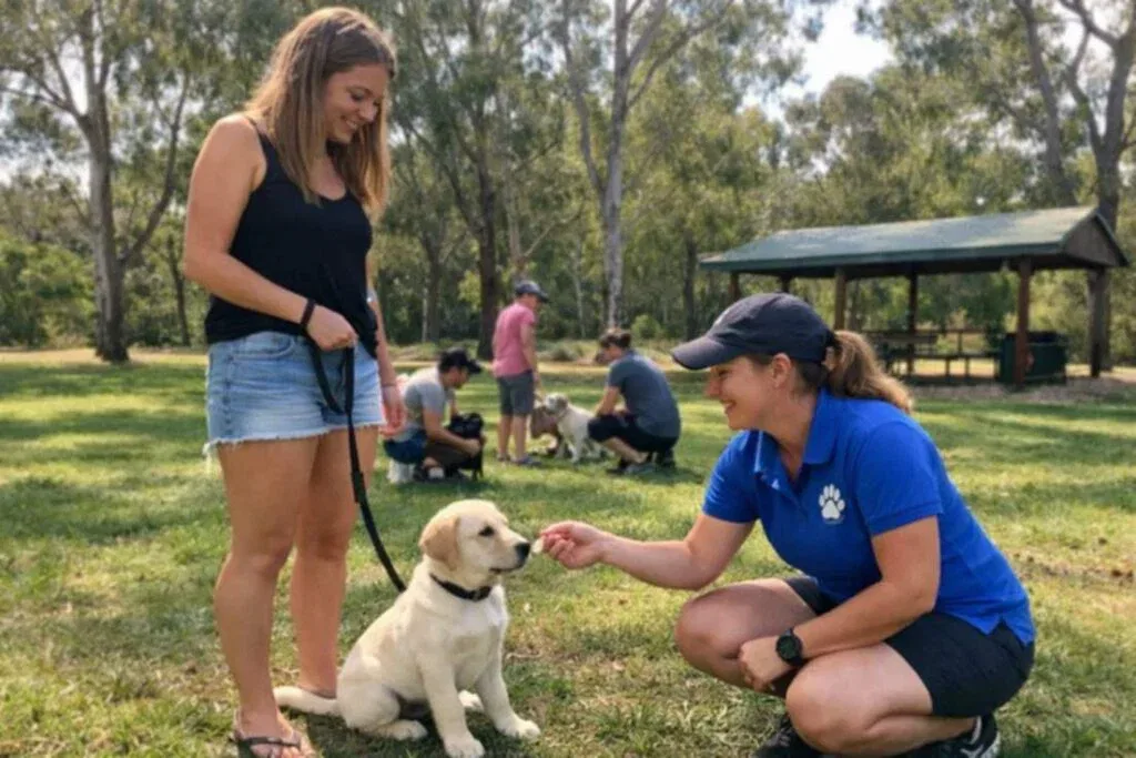 Dog Trainer Kneeling To Treat A Labrador Puppy