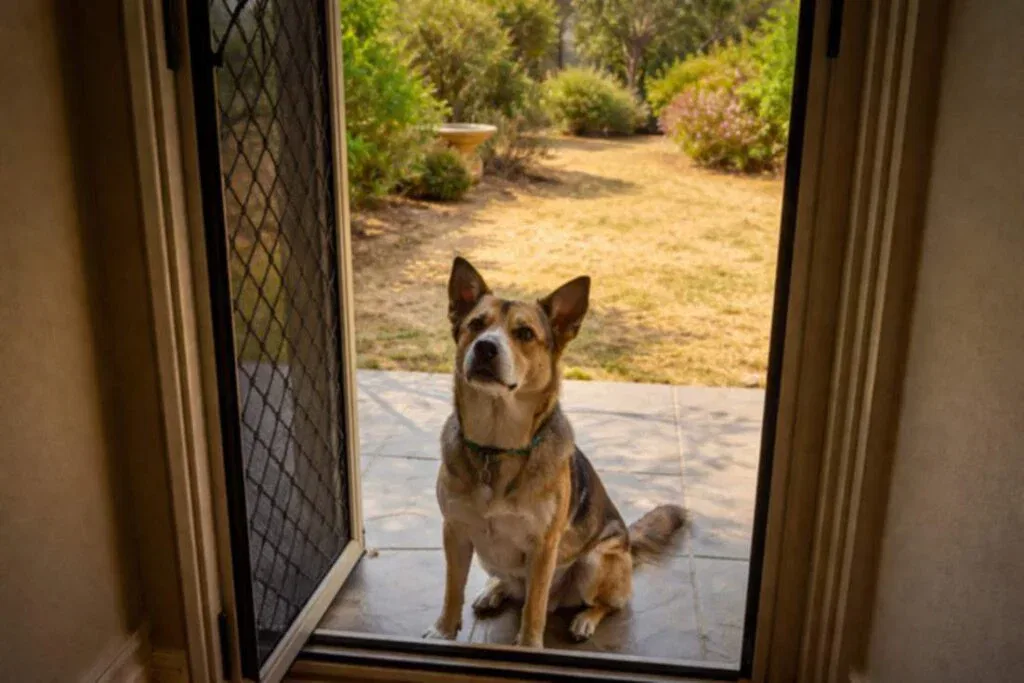 Dog Waiting Patiently At An Open Flyscreen Door Of An Home