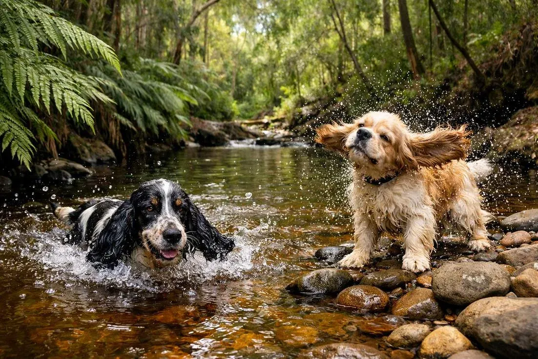 english-cocker-spaniel-and-american-cocker-spaniel-are-playing-in-river English Cocker Spaniel And American Cocker Spaniel Are Playing In River