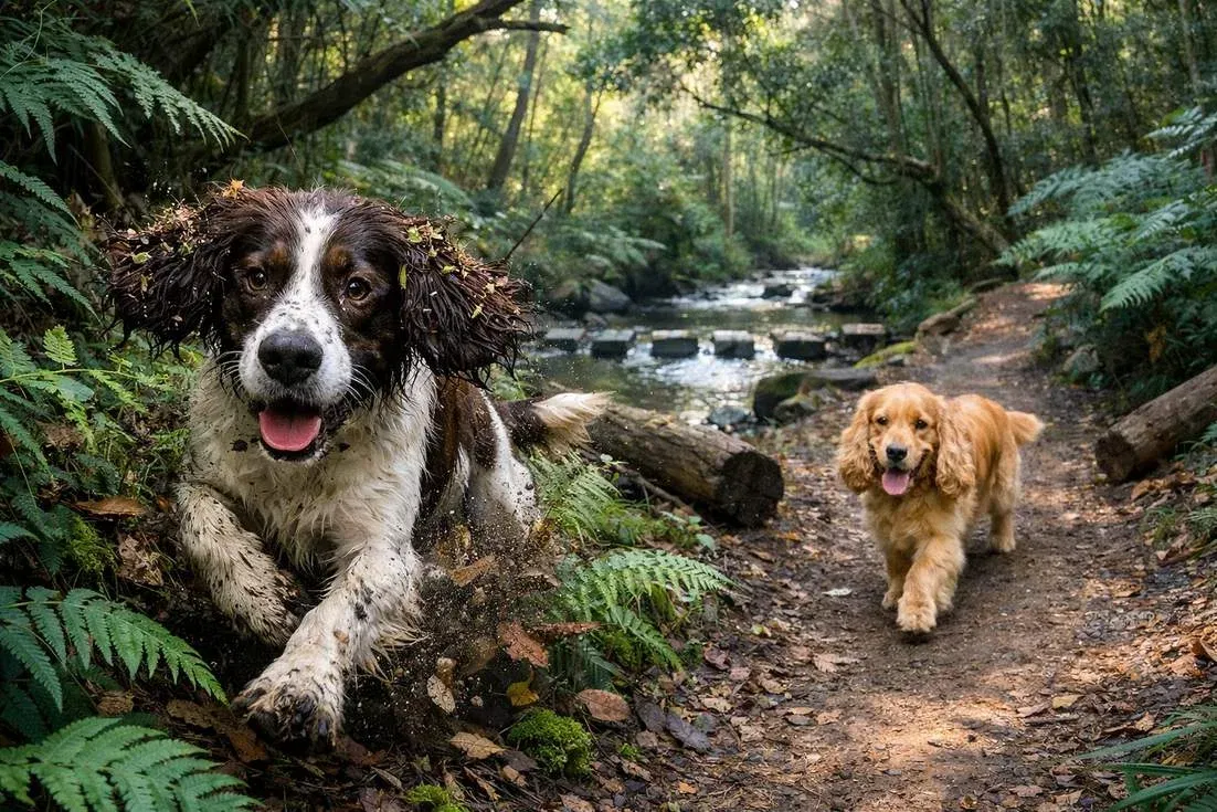 english-springer-spaniel-and-cocker-spaniel-running English Springer Spaniel And Cocker Spaniel Running