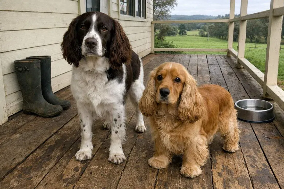 english-springer-spaniel-and-cocker-spaniel-standing-outside English Springer Spaniel And Cocker Spaniel Standing Outside