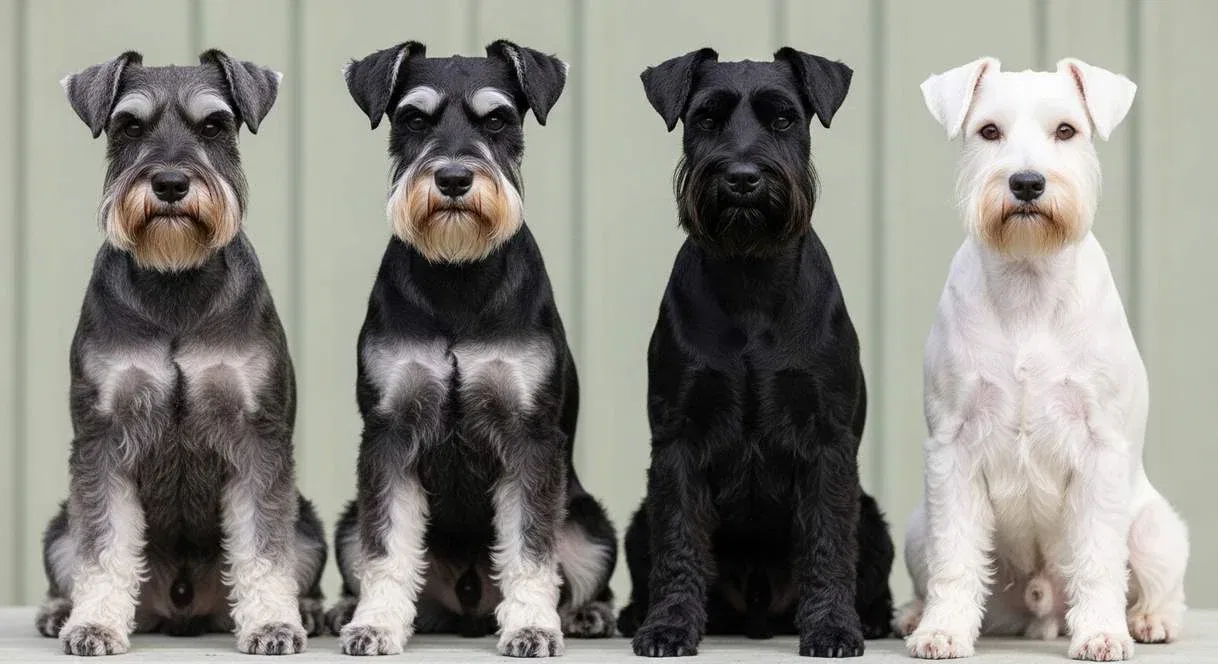 Four Miniature Schnauzer Dogs Sitting Side By Side
