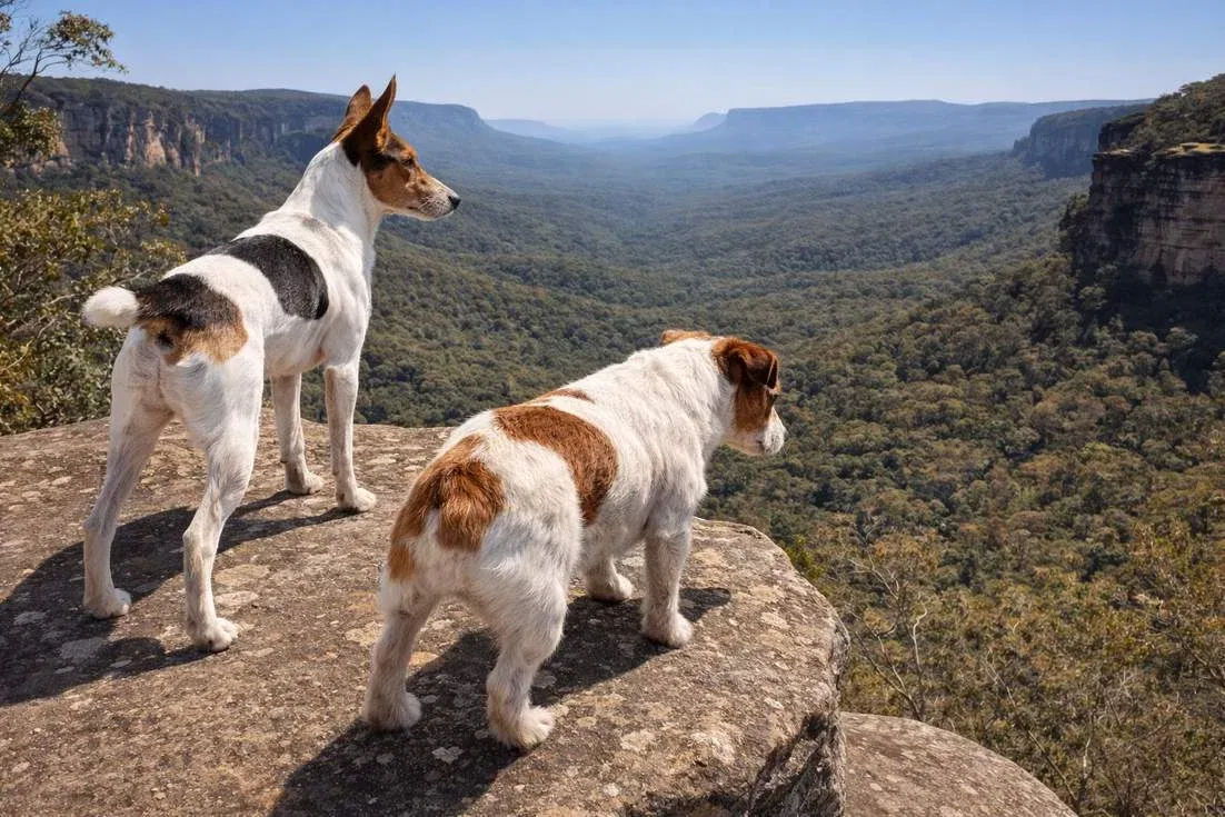 fox-terrier-and-jack-russell-standing-on-cliff Fox Terrier And Jack Russell Standing On Cliff