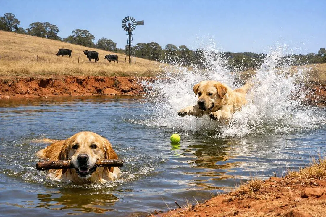 golden-lab-and-golden-retriever-playing-in-river Golden Lab And Golden Retriever Playing In River