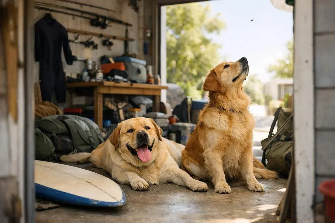 golden-lab-with-golden-retriever-in-garage Golden Lab With Golden Retriever In Garage