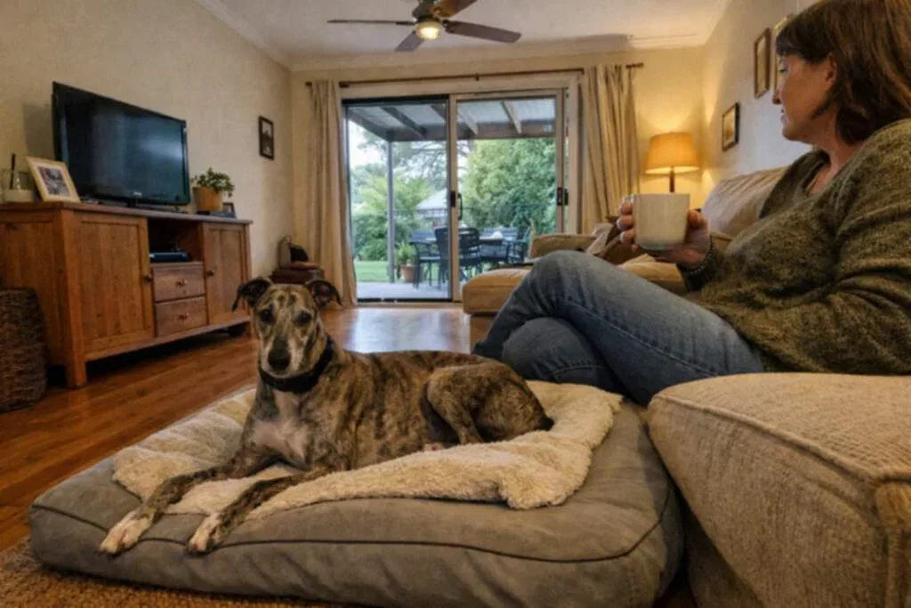 Greyhound Resting On Its Bed In A Bright Living Room