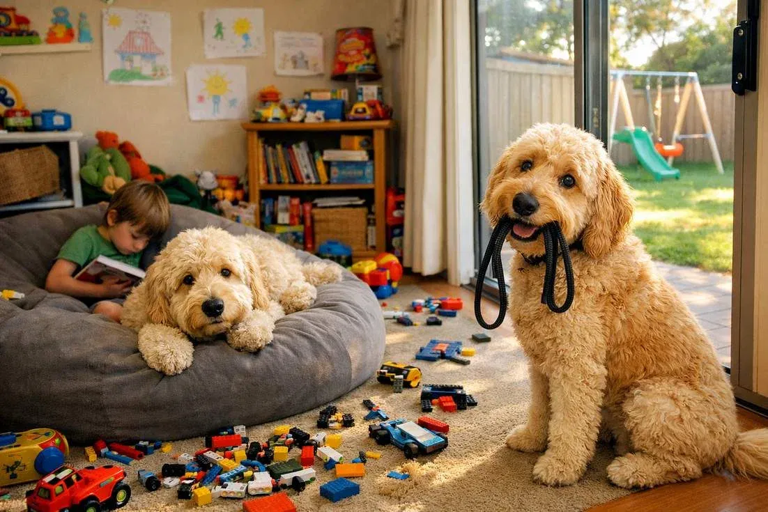groodle-and-goldendoodle-in-lounge Groodle And Goldendoodle In Lounge