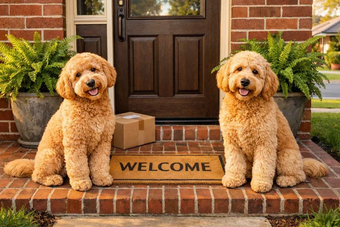 groodle-and-goldendoodle-ouside-of-house Groodle And Goldendoodle Ouside Of House
