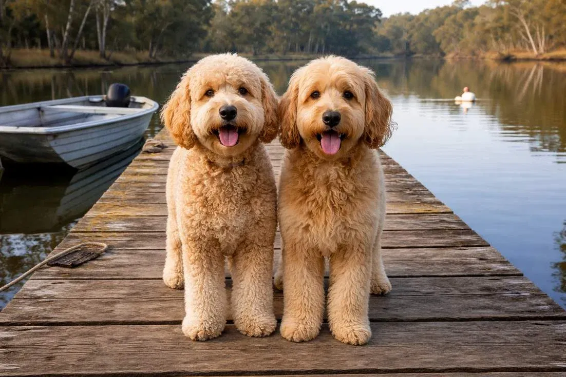 groodle-and-goldendoodle-standing Groodle And Goldendoodle Standing