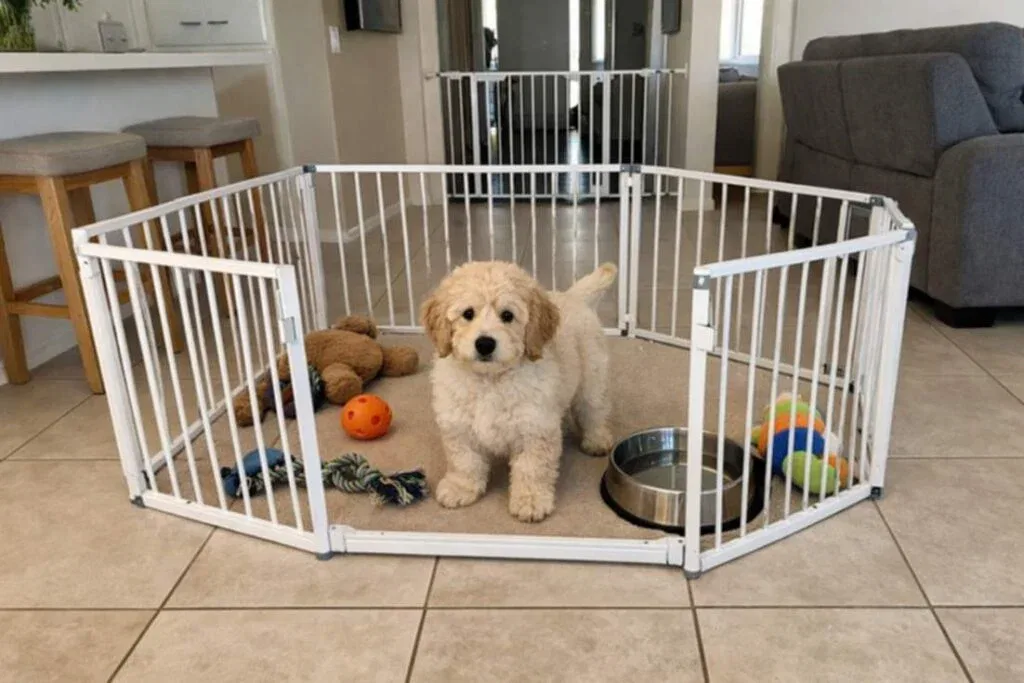 Groodle Puppy Inside A Playpen With Toys